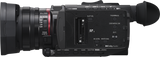 Black camcorder rear panel with card slot, buttons, and viewfinder