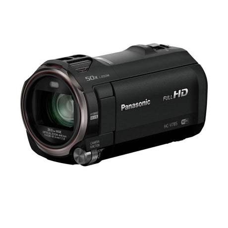 Black camcorder with 50x zoom lens and Full HD label, front three-quarter view
