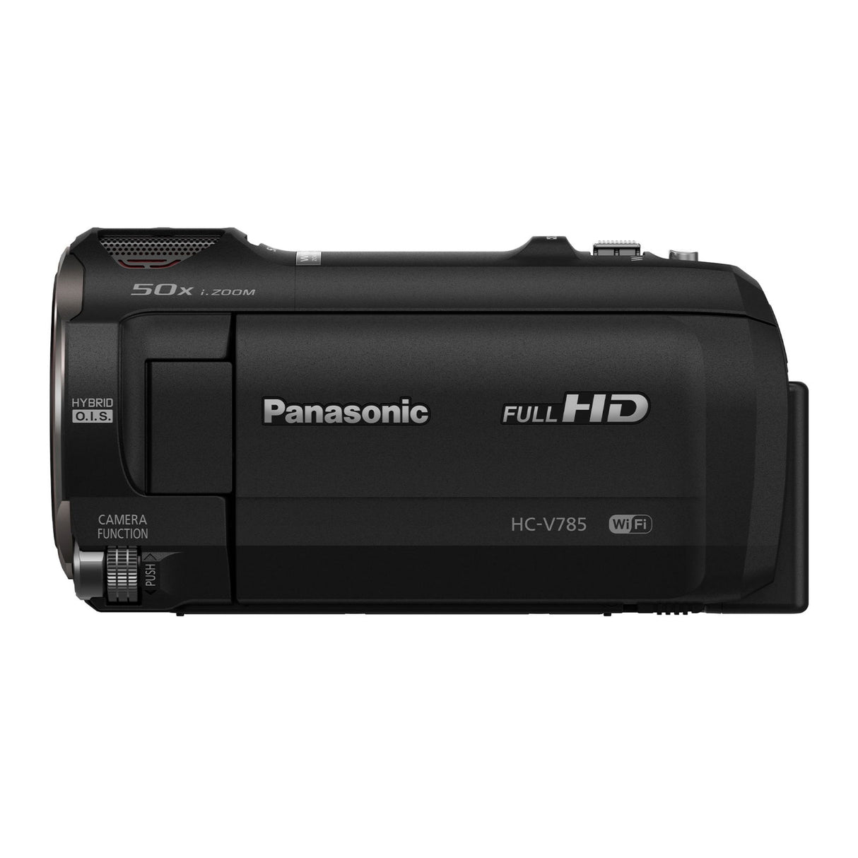 Black Panasonic Full HD camcorder, side panel with WiFi marking
