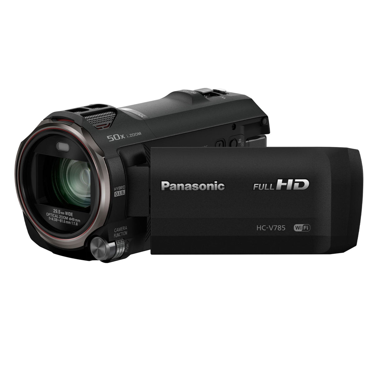Black Full HD camcorder with 50x zoom lens and built-in WiFi, front-left view