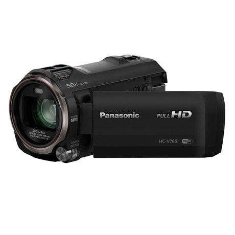 Black Full HD camcorder with 50x zoom lens and built-in WiFi, front-left view