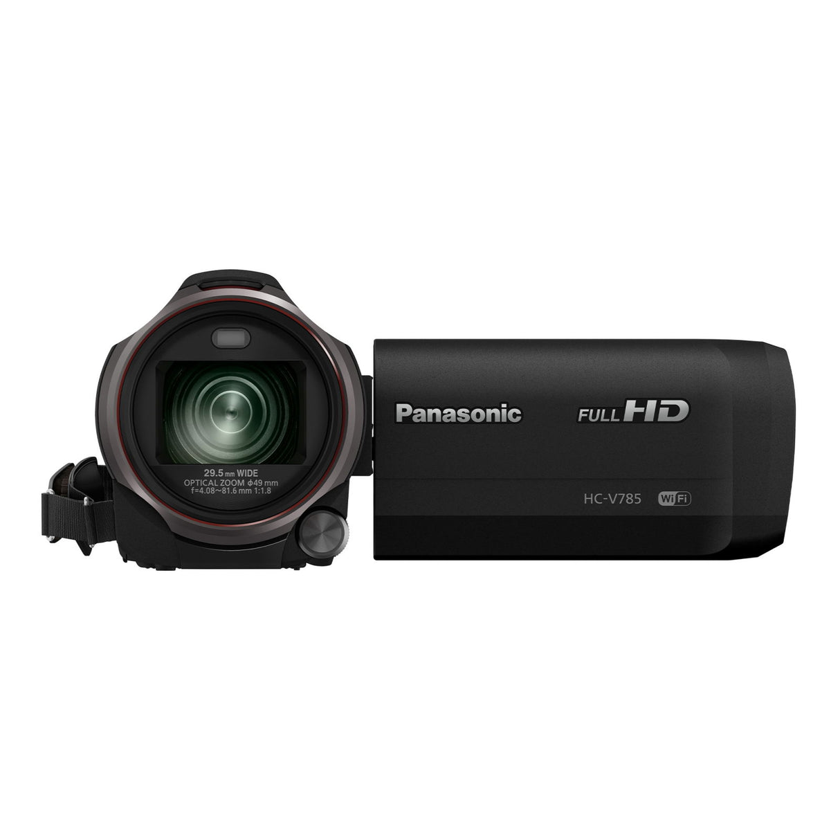 Black camcorder with lens and grip, Full HD label and WiFi marking visible