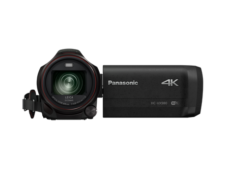 Black 4K camcorder with front lens and side controls, Wi‑Fi label visible