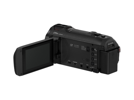 Black camcorder with rear ports and side buttons; LCD screen folded out