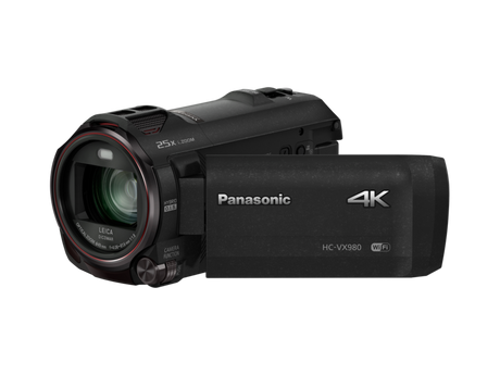 Black Panasonic 4K camcorder with wide-angle lens and 25x zoom