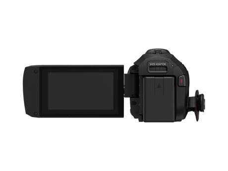 Black camcorder with rear LCD screen and battery/adapter compartment