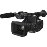 Black camcorder with angled view, lens and flip-out LCD screen