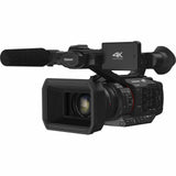 Black 4K professional camcorder with built-in microphone and top control panel