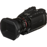 Black 4K camcorder angled view showing lens barrel and side I/O ports