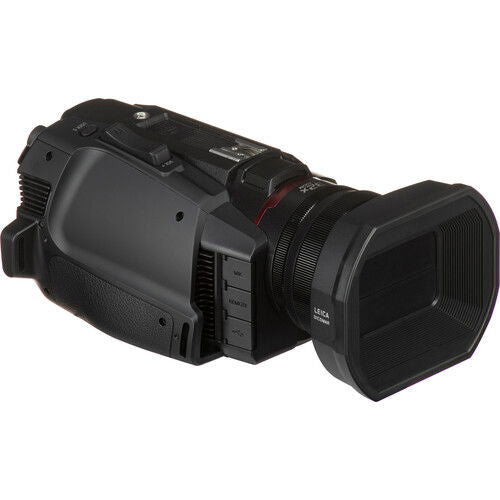 Black camcorder rear view with textured grip and side panel controls