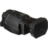 Black camcorder rear view with textured grip and side panel controls