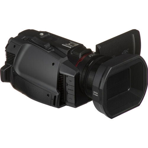 Black camcorder body with textured grip, top buttons, and 4K logo on side