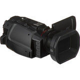 Black camcorder body with textured grip, top buttons, and 4K logo on side