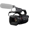 Black 4K camcorder with large lens, LCD screen, and side handle