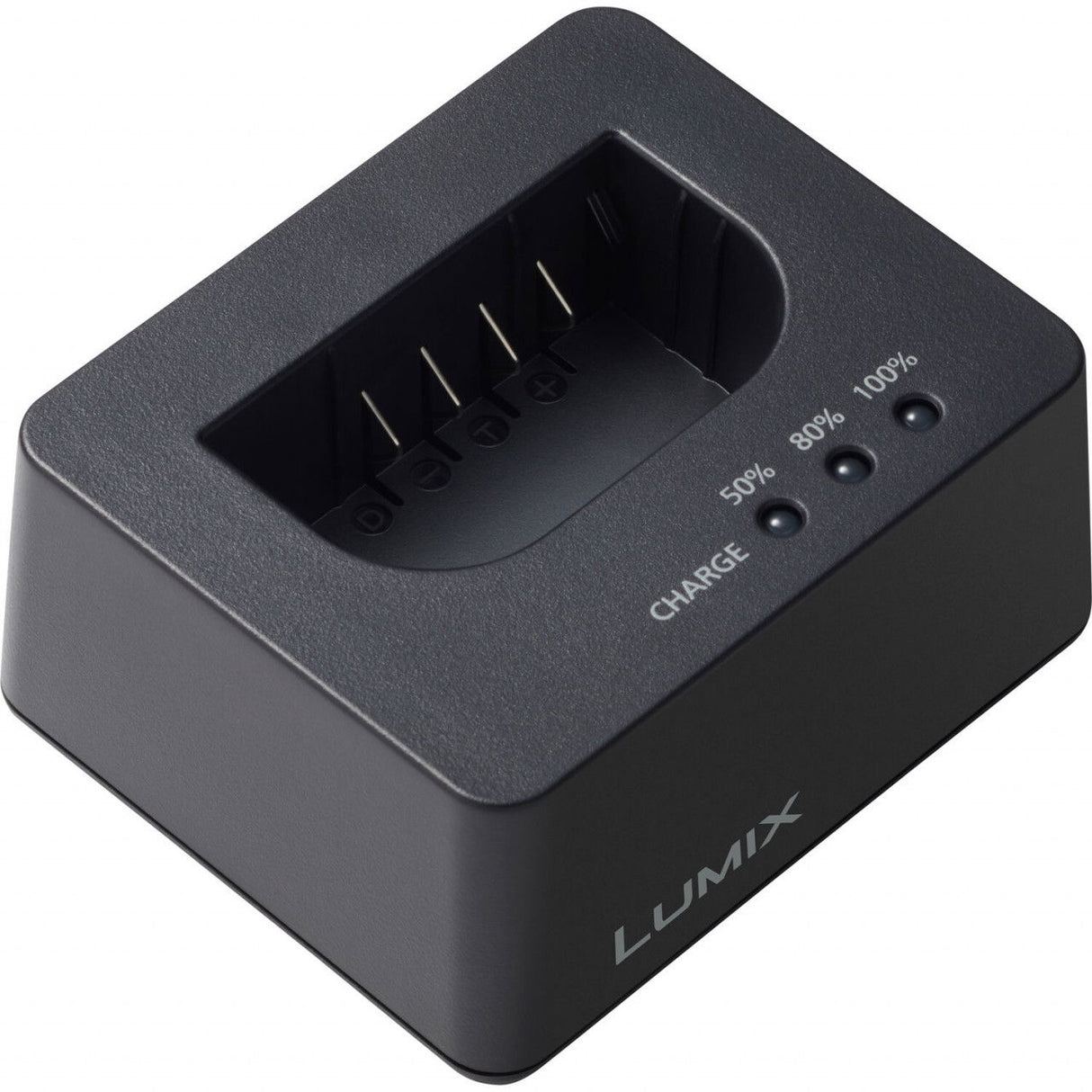 Compact battery charger base with charging bay and indicator lights (50/80/100%).