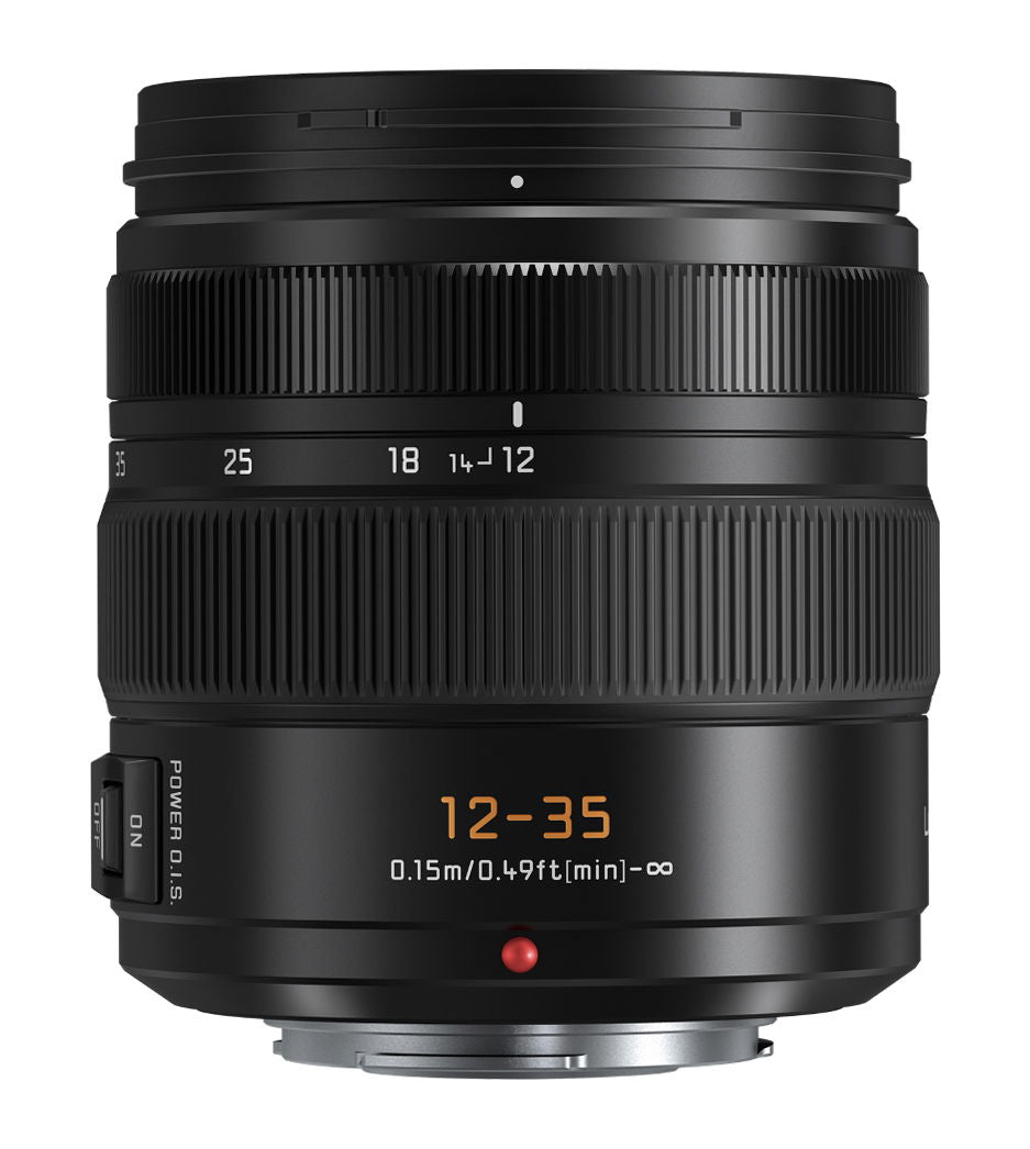 Black 12–35mm camera lens with ridged grip and O.I.S. marking
