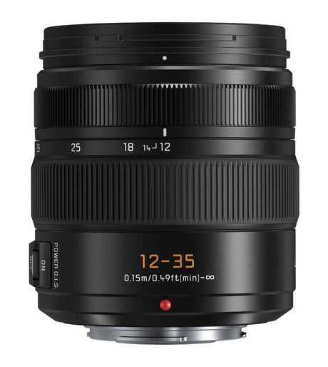 Black 12–35mm camera lens with ridged grip and O.I.S. marking