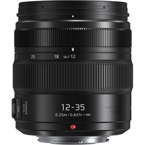 12-35mm f/2.8 lens body with zoom scale, ribbed grip, and POWER switch