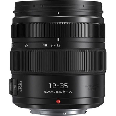 12-35mm f/2.8 lens body with zoom scale, ribbed grip, and POWER switch