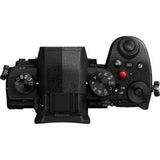 Top view of Lumix mirrorless camera showing mode dial and control buttons