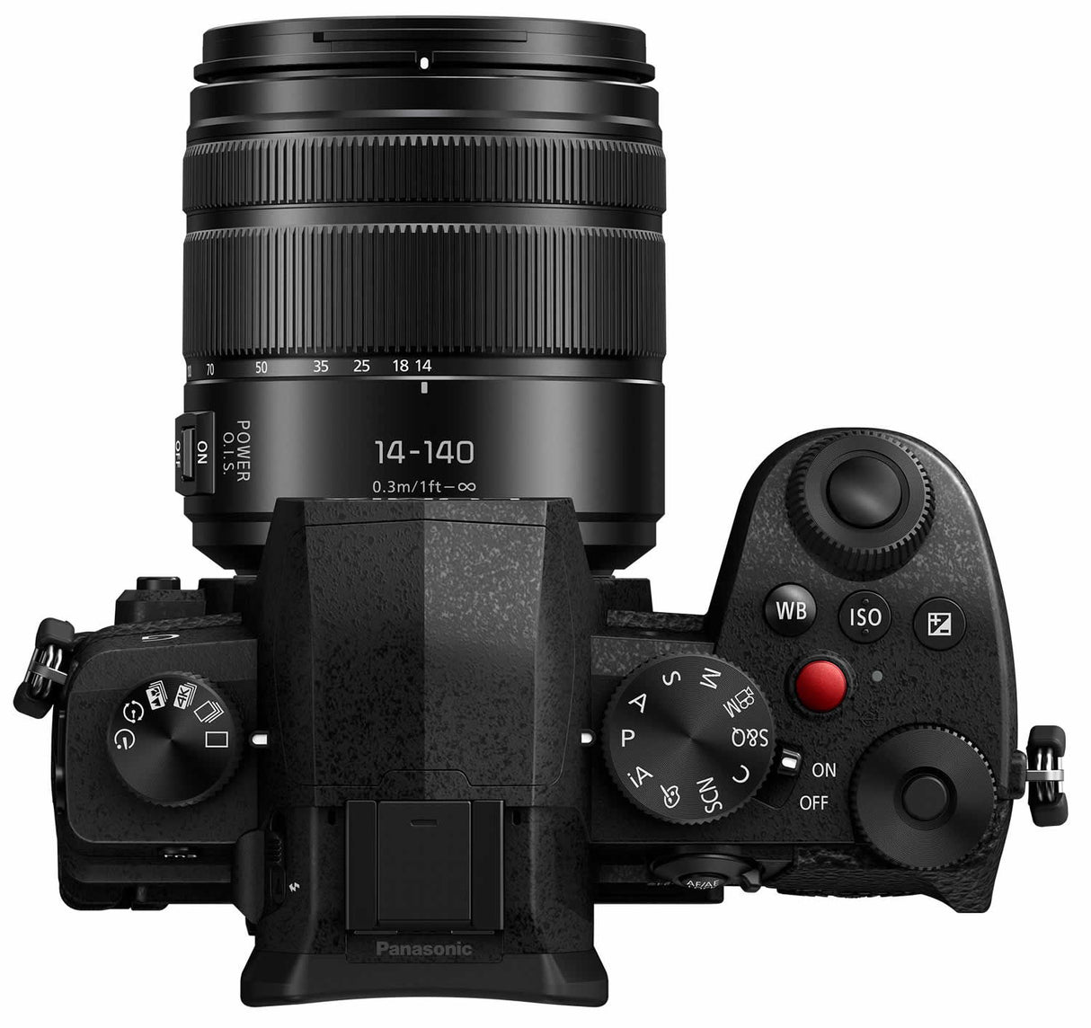 Black camera with 14-140mm zoom lens showing top controls and lens markings