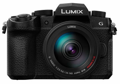 Black Lumix mirrorless camera body with 14-140mm zoom lens, front view