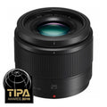 Lumix G 25mm f/1.7 MFT lens, front close-up with glass and red indicator dot