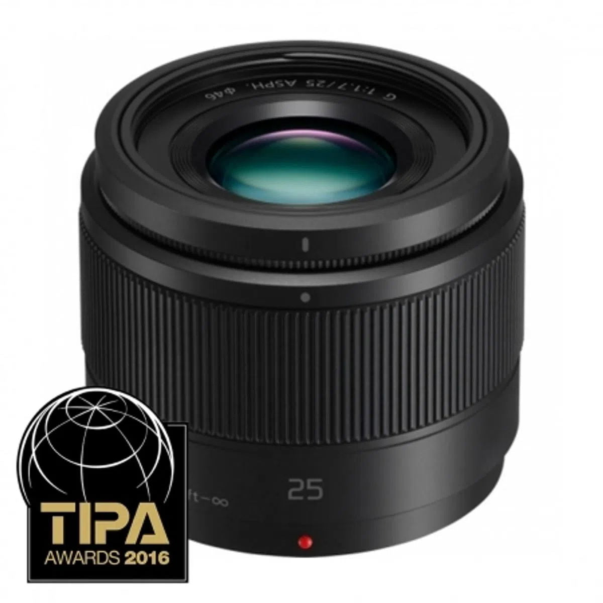 Lumix G 25mm f/1.7 MFT lens, front close-up with glass and red indicator dot