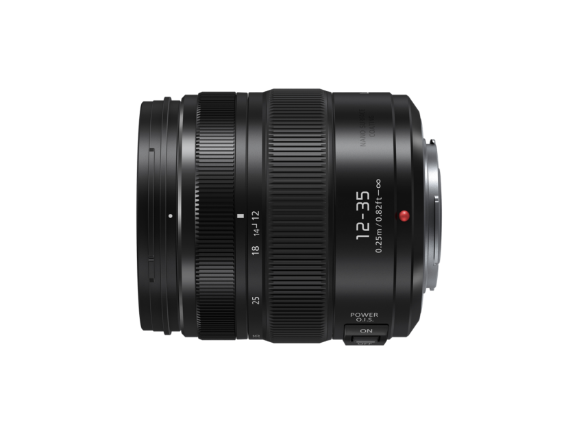 Side profile of 12-35mm f/2.8 lens with zoom scale numbers and red OIS indicator