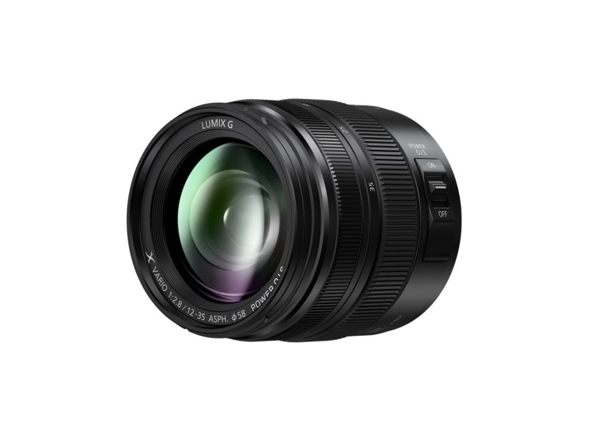 Black 12-35mm f/2.8 lens side with OIS markings and POWER ON/OFF slider