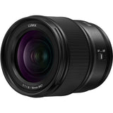 Black LUMIX 18mm f/1.8 ultra-wide lens angled view, LUMIX text and glass