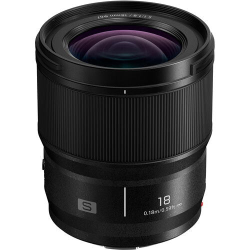 Black LUMIX 18mm f/1.8 ultra-wide lens front glass and ridged focus ring