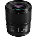 Black Panasonic Lumix S 50mm f/1.8 L-mount prime lens, front view with glass element