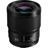 Black Panasonic Lumix S 50mm f/1.8 L-mount prime lens, front view with glass element
