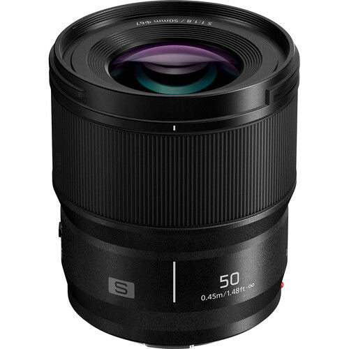 Black Panasonic Lumix S 50mm f/1.8 L-mount prime lens, front view with glass element