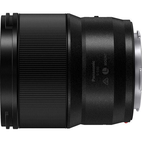 Black 50mm f/1.8 L-mount lens rear, mount contacts and branding visible