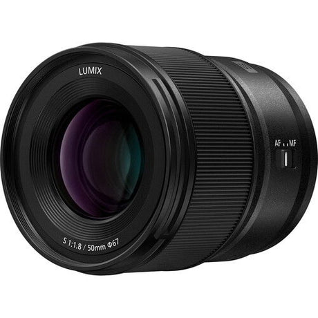 Black Lumix 50mm f/1.8 L-mount lens with front glass and ring texture
