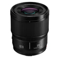 Black L-mount 35mm f/1.8 lens, front glass and ribbed barrel