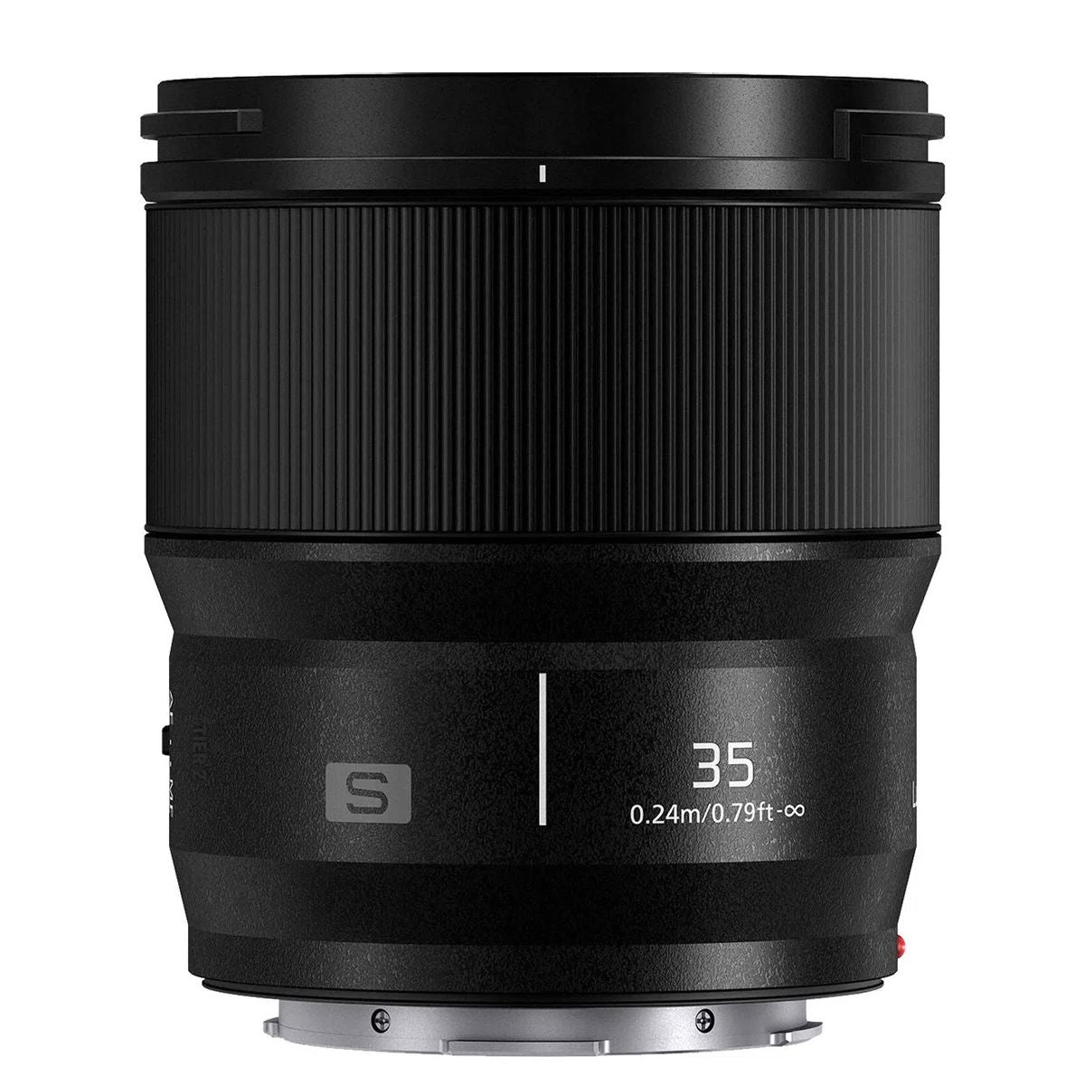 Black L-mount 35mm f/1.8 lens, rear mount and engraved focal markings