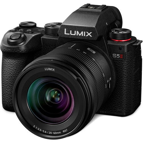 Lumix S5 II mirrorless camera with 20–60mm zoom lens, front three-quarter view