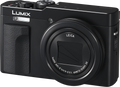 Black compact camera with Leica lens and built-in flash, front view