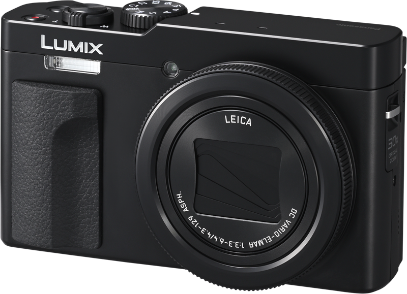 Black compact camera with Leica lens and built-in flash, front view
