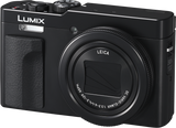Black compact camera with Leica lens and built-in flash, front view