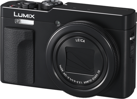 Black compact camera with Leica lens and built-in flash, front view