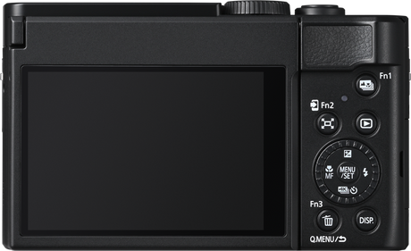 Black compact camera rear view with LCD screen and function button dial