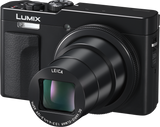Black compact camera front, zoom lens and textured grip panel
