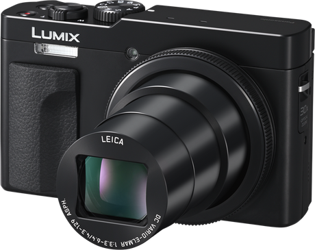 Black compact camera front, zoom lens and textured grip panel
