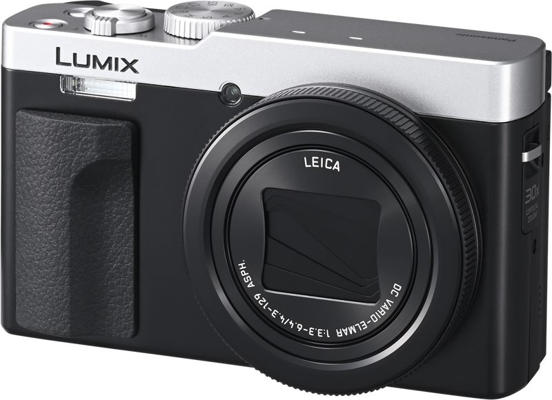 Panasonic Lumix TZ99 silver compact camera with black grip and Leica lens