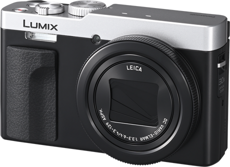 Panasonic Lumix TZ99 silver compact camera with black grip and Leica lens