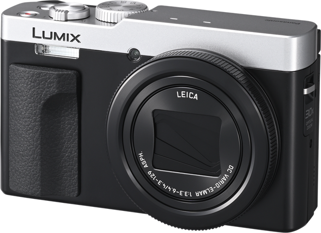 Panasonic Lumix TZ99 silver compact camera with black grip and Leica lens